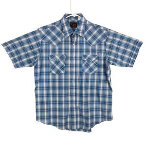 Plains Western Shirt Men's Large Short Sleeve Pearl Snaps Plaid White Blue
